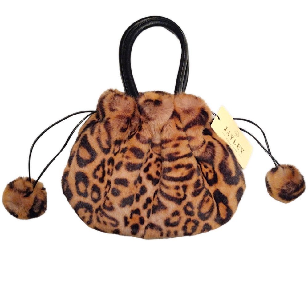 Jayley Collection Leopard Print Faux Fur Drawstring Bag w/ Pom-pom Tassels, NWT - Picture 2 of 11